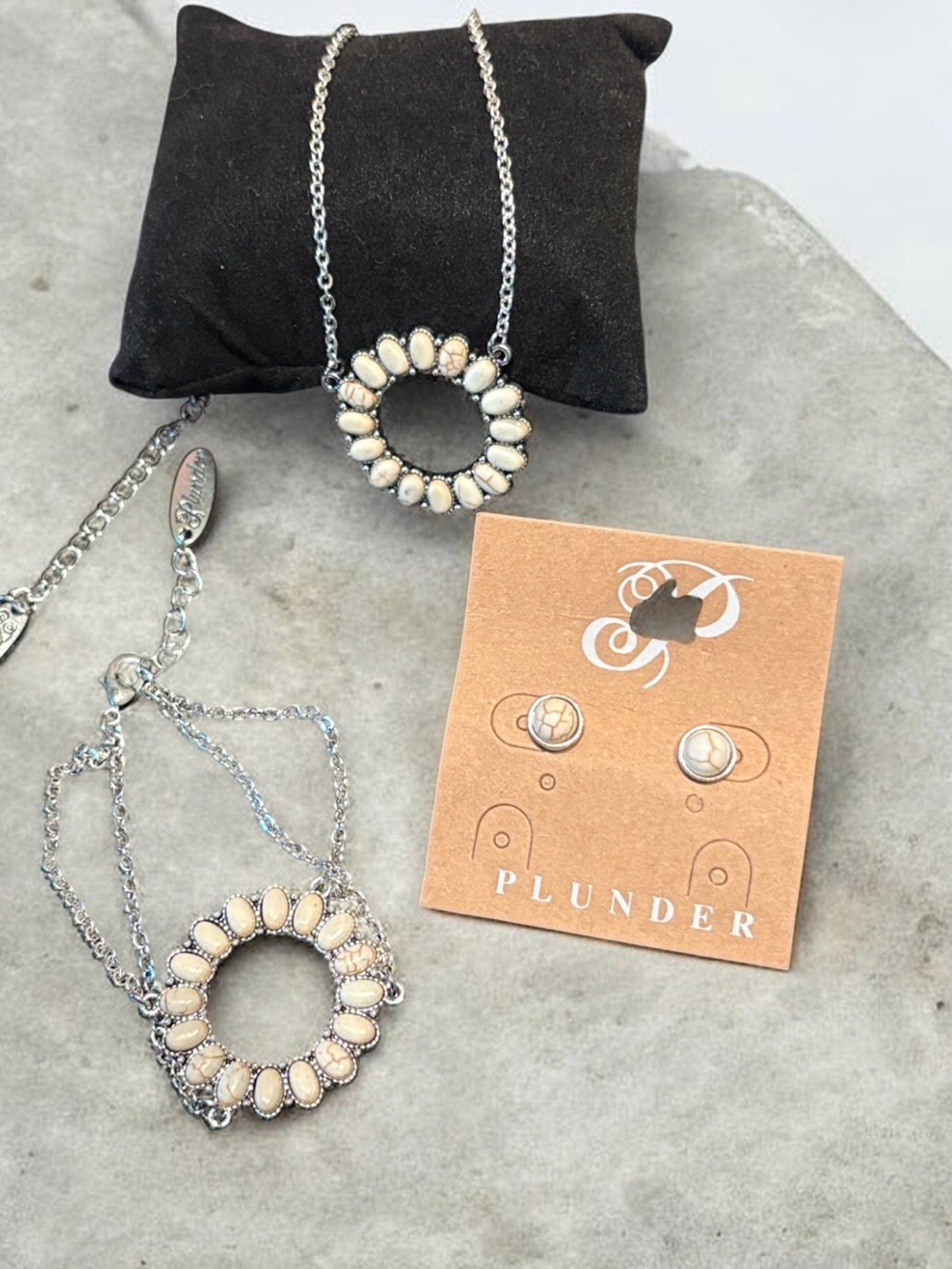 Plunder Silver-Tone Necklace & Bracelet with Cream Stone Circle Stud Earrings